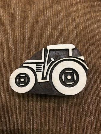 Detailed Christmas Farmyard Tractor, hand carved Indian wood printing block; textile stamp; pottery stamp,