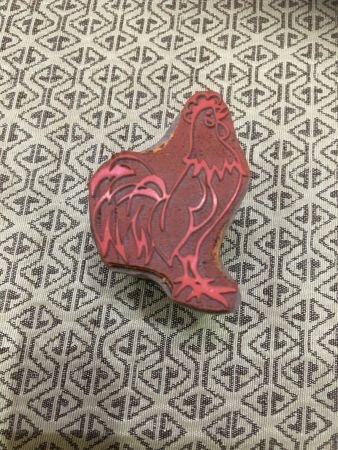 Indian Wood mounted rubber Printing Block – Cockerel, hand carved Indian wood printing block; textile stamp; pottery stamp