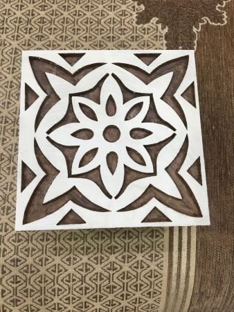 Harmonious Fusion: Indian Wooden Printing Block Meets Mediterranean Tile, hand carved block; textile stamp; pottery stamp,