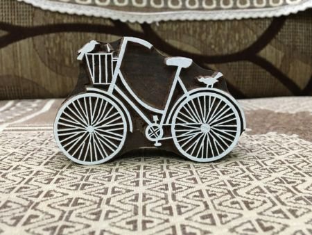 Timeless Wheels: Indian Wooden Printing Block - Intricate Bicycle Design, pottery stamp tjap batik printing floral carved stamps.