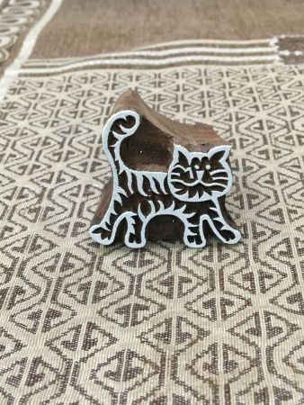 Small Cat, hand carved Indian wood printing block; textile stamp; pottery stamp