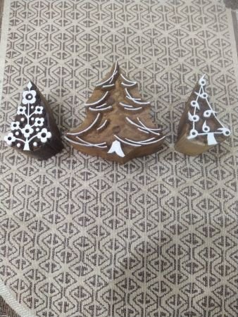 Trio Christmas Tree pottery stamp ceramic mold scrap-booking tjap batik printing floral carved stamps.