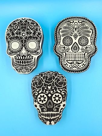 Trio Of Sugar Skull :Indian Wooden Printing Block, Hand carved Indian wood printing block; Textile stamp; pottery stamp,